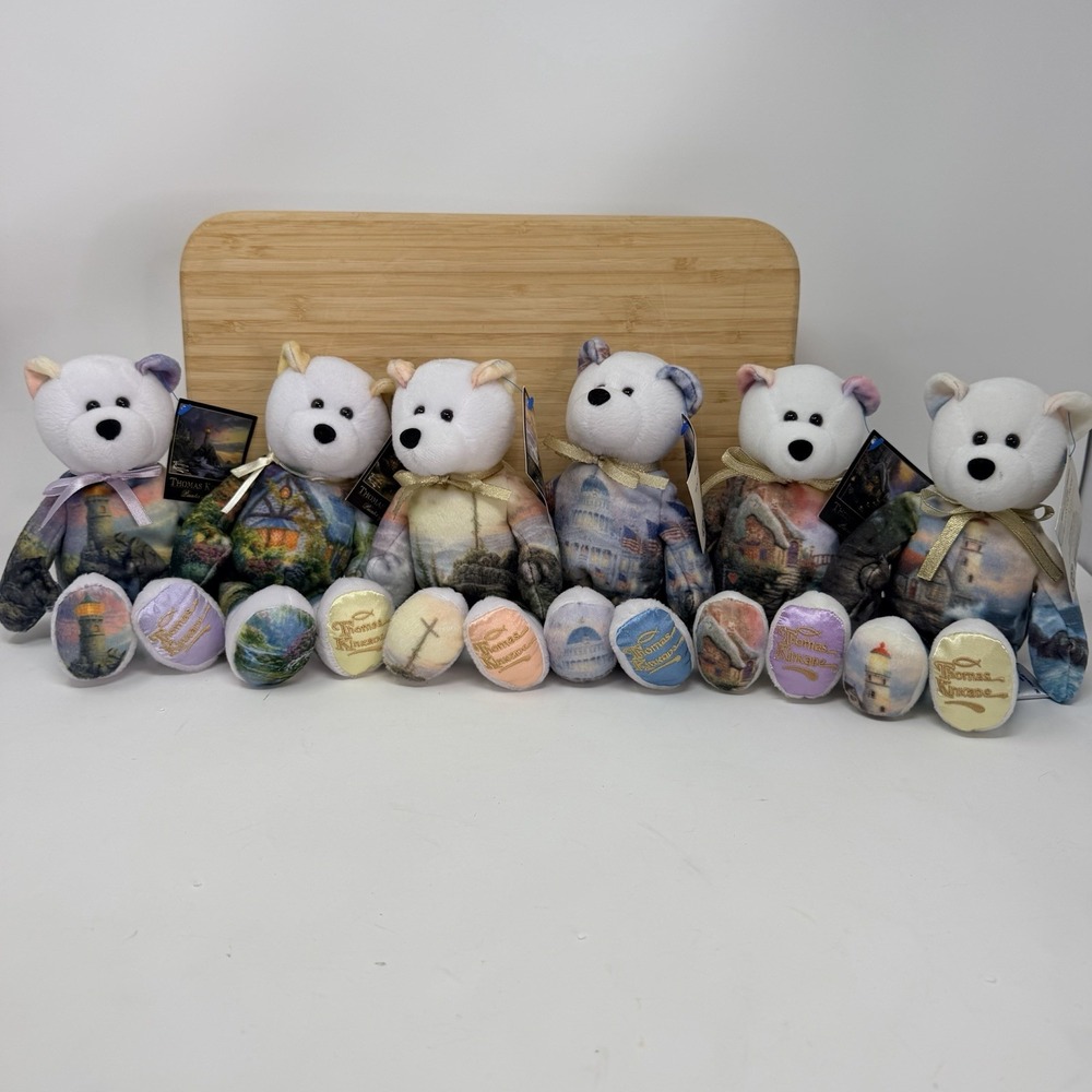 Thomas Kinkade Painter of Light Bear Lot Of 6 Scenic Fabric Ribbon Bow Tag Plush